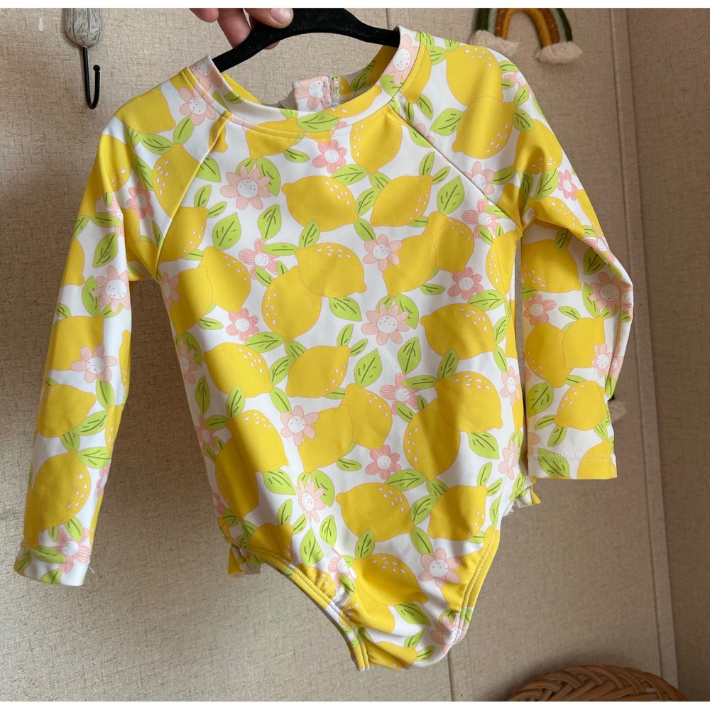 Kids Lemon Floral Long Sleeve One Piece Swimsuit Yellow Rash Guard